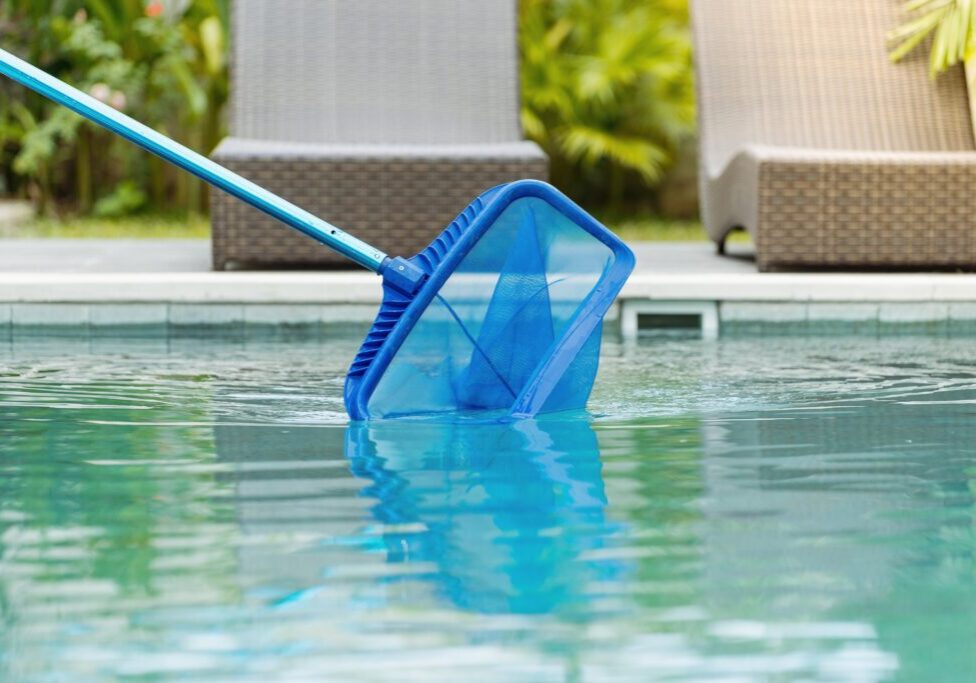 A pool skimmer net on a long handle is being used to clean the surface of a swimming pool. Two wicker lounge chairs are visible in the background.